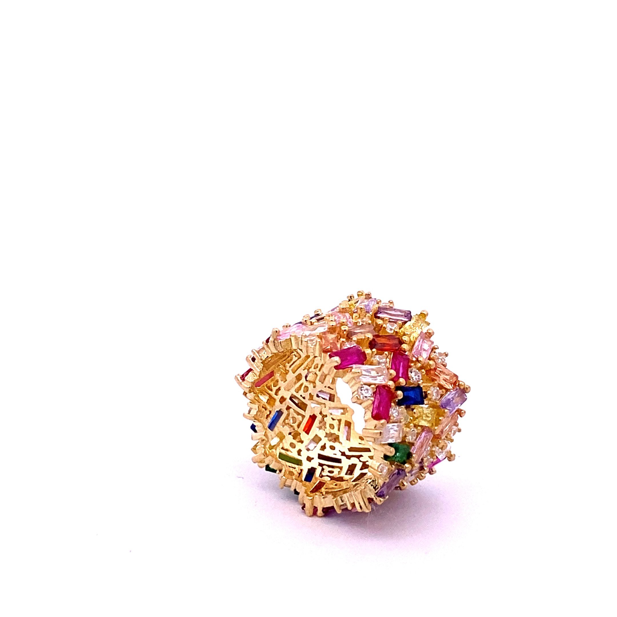 Schmuckring, breit, Silber, gelbvergoldet, Baguettesteine, kunterbunt