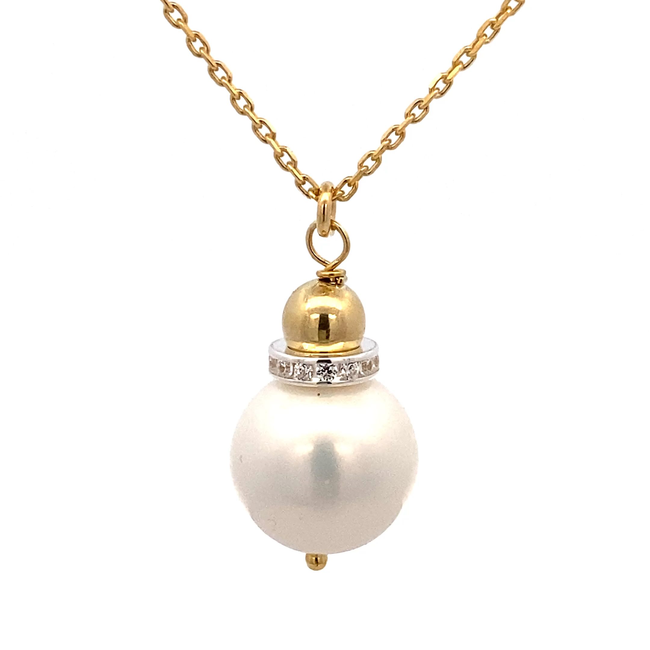 8230AG1gl Collier weiße Muschelkernperle Zirkoniaring polierte Kugel gelbvergoldet