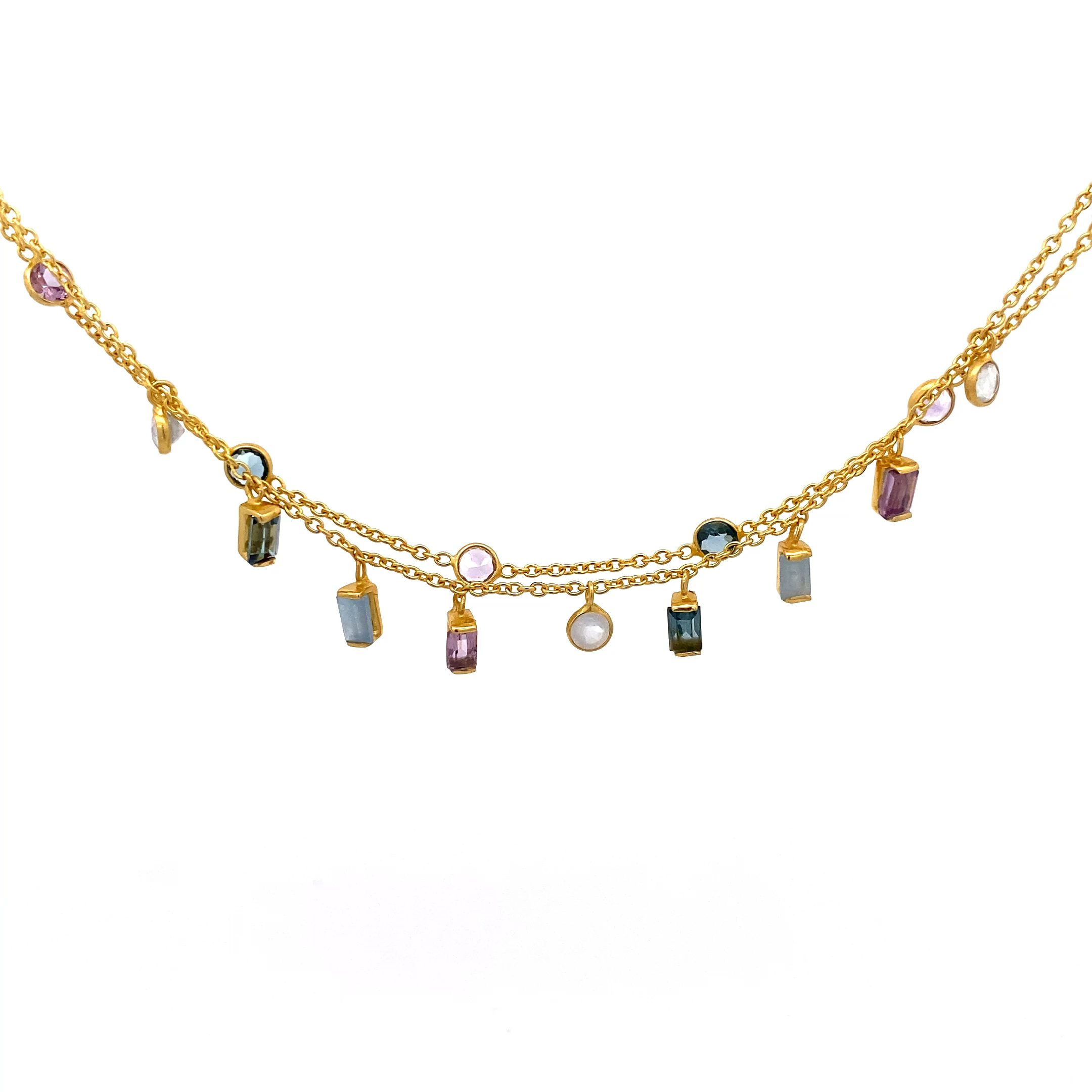 8324AG123 Zweireihige Ankerkette Silber gelbvergoldet mit rnden und eckien Quartzeinhängern