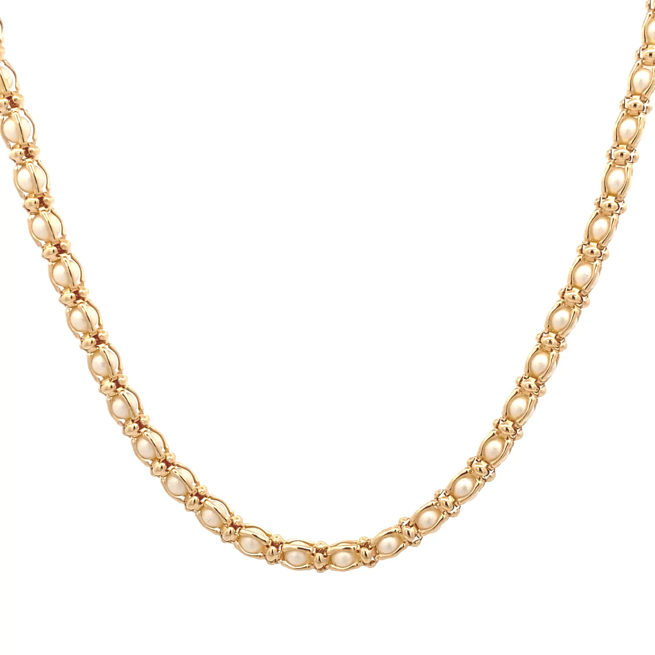 Collier gelbvergoldet in Silberdraht eingefasste weiße Perlen