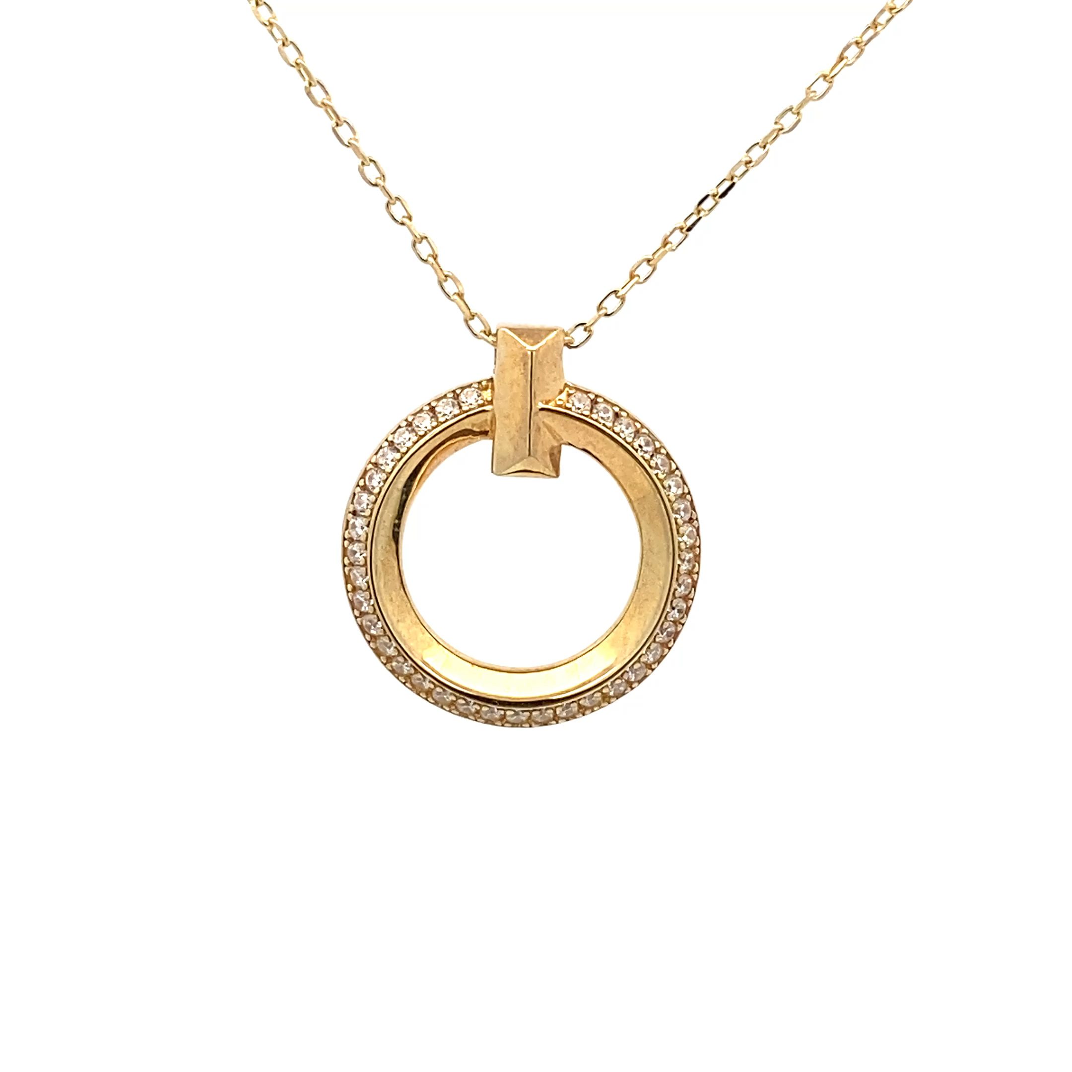 Anhänger inkl. Kette Silber gelbvergoldet Steg poliert Rund mit Kante weiße gefasste Zirkonia