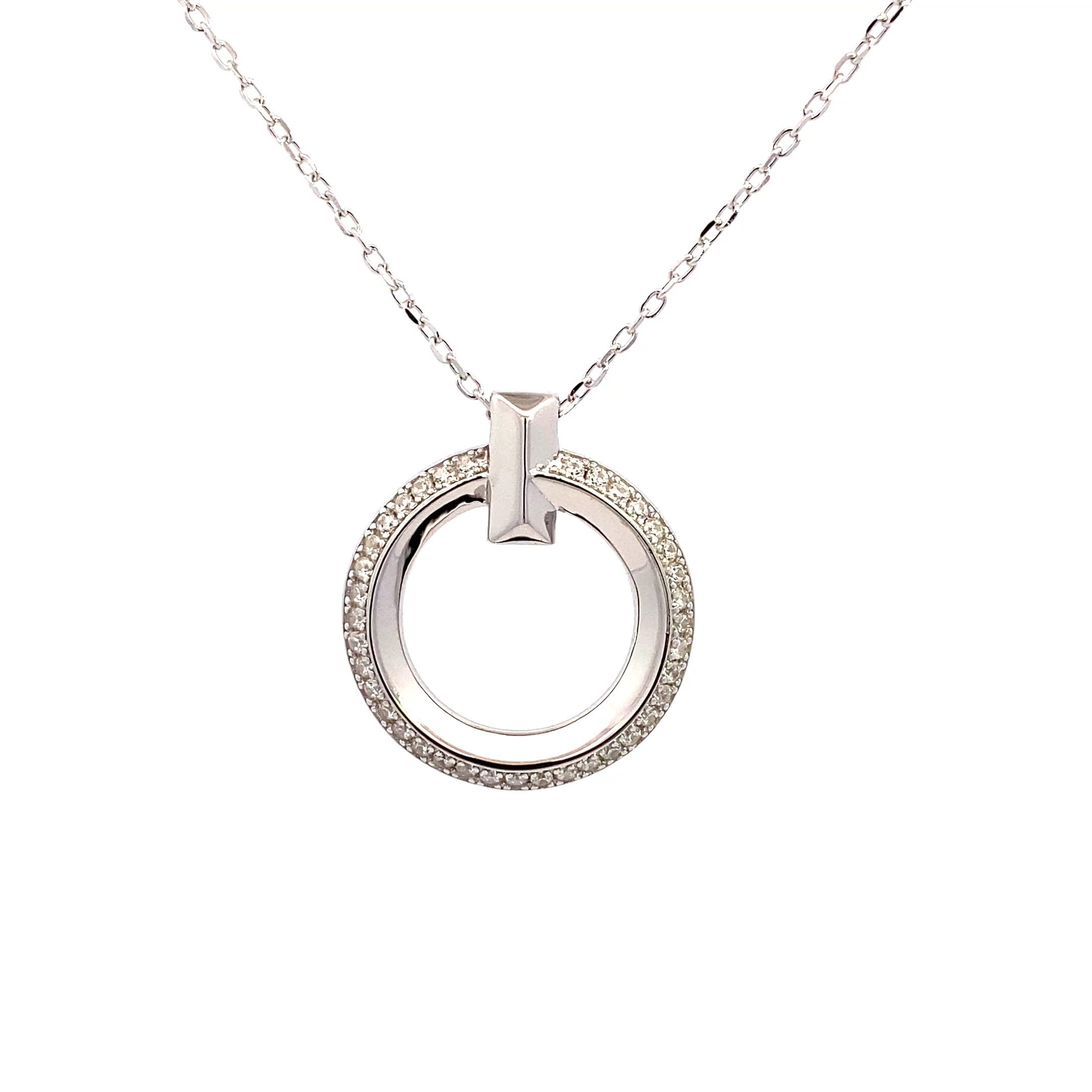 Anhänger inkl. Kette Silber rhodiniert Steg poliert Rund mit Kante weiße gefasste Zirkonia