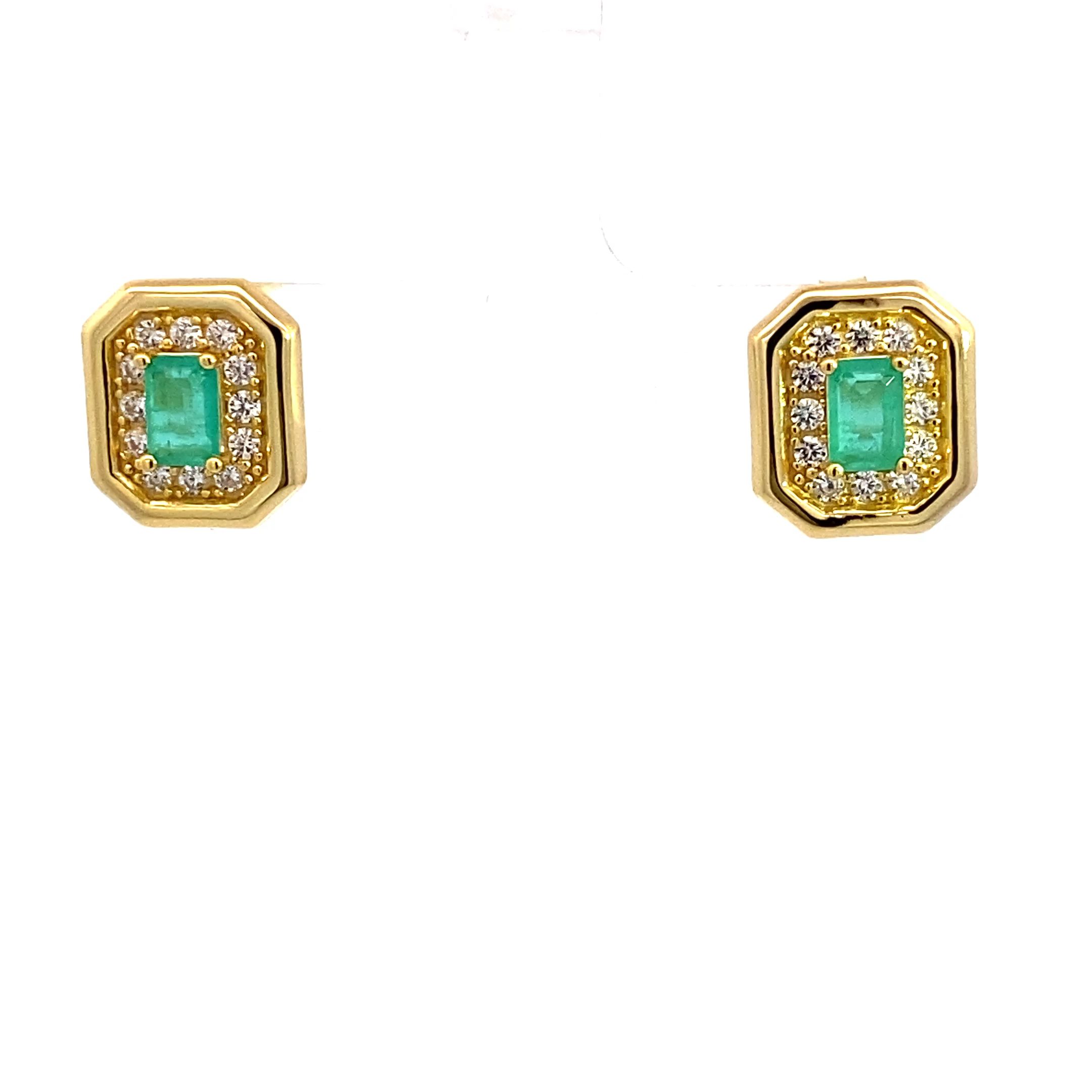 Ohrstecker 8 eckig Silber vergoldet weiße Zirkonia und türkiser eckiger Centerstone