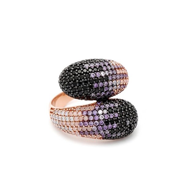 7602CR Schmuckring, Silber, rhodiniert, Zirkoniasteine schwarz, pastellrosa, lila, Silber , rosevergoldet
