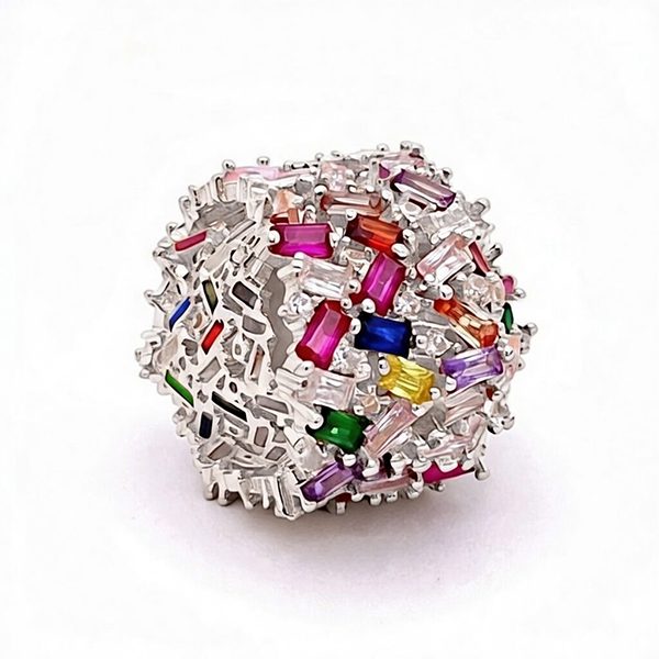 7798CW123 Schmuckring, breit, Silber, rhodiniert, Baguettesteine, kunterbunt