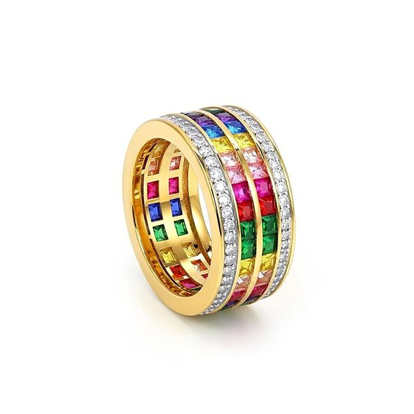 8058CG123 Memoryring, breit, Silber gelbvergoldet, baguettesteine, rosa, gelb, grün, pink, lila, blau, Zirkoniasteine weiß