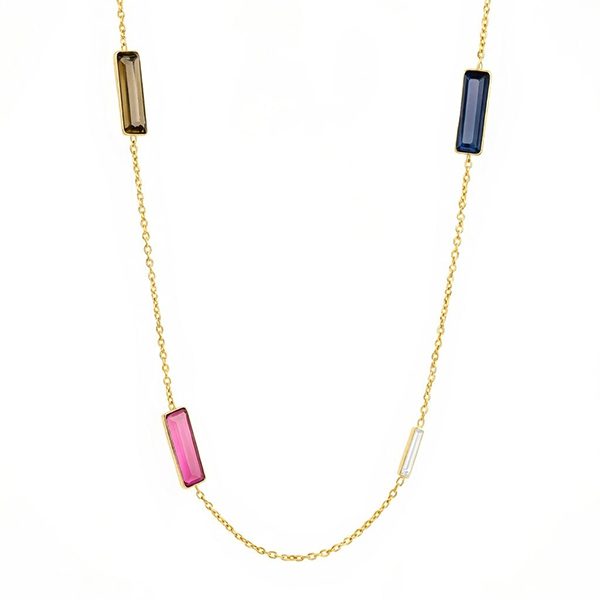 Collier, Silber, vergoldet, eckige Elemente, Halbedelsteine blau, pink, grau