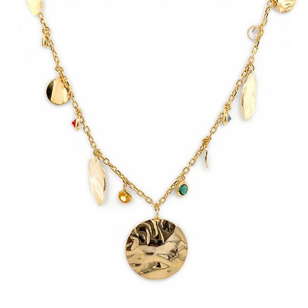 8342AG123 Collier mit faltigen runden und bunten Zi Elementen , gelbvergoldet