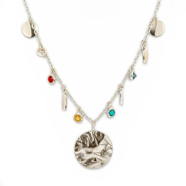 8342AW123 Collier mit faltigen runden und bunten Zi Elementen , rhodiniert