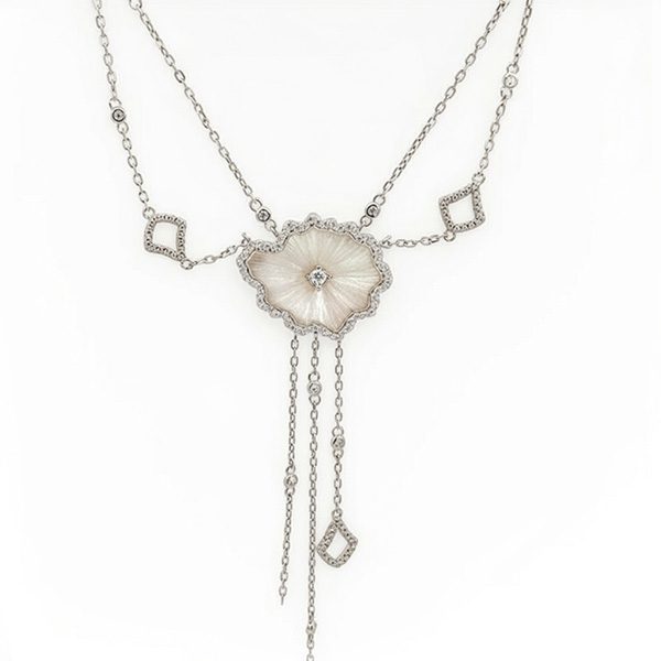 8355AW Collier, Blatt , Form-Mix, rhodiniert mattiert, Doppelkette mit weißen Zi Elementen