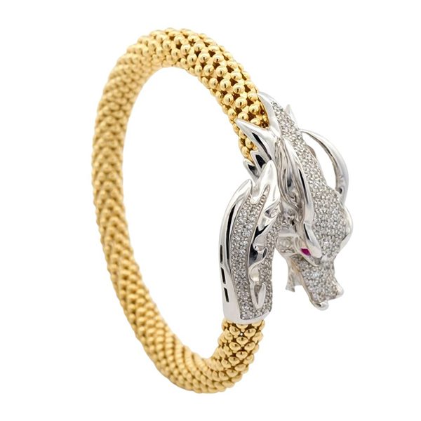 Armreif, Silber, rhodiniert, gelbvergoldet, Drache, Zirkonia weiß, rot