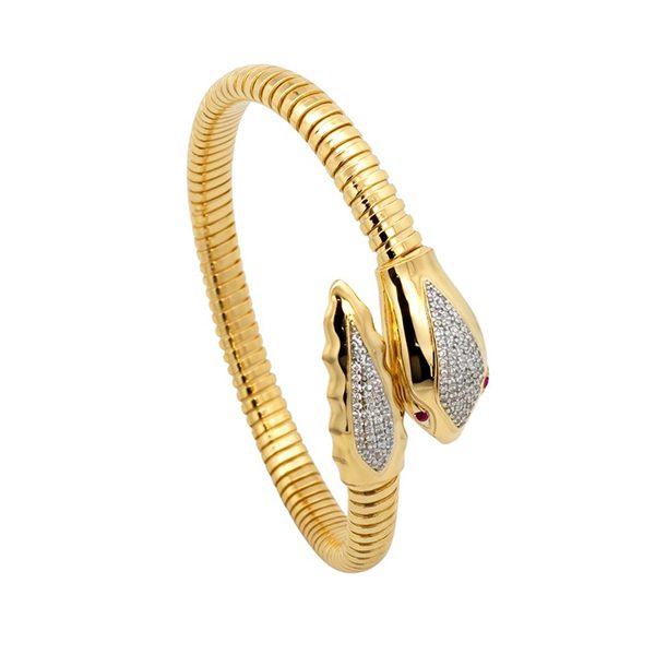Armreif, Schlange, Silber, gelbvergoldet, Rillen. Zirkoniasteine weiß, rot, offen 