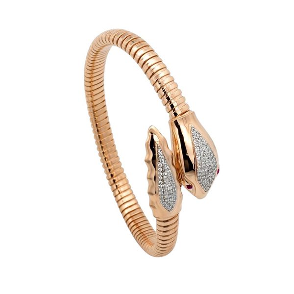 Armreif, Schlange, Silber, osevergoldet, Rillen. Zirkoniasteine weiß, rot, offen 