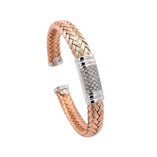 Armreif, Silber, rosevergoldet, rhodiniert, Zirkoniasteine weiß, offen