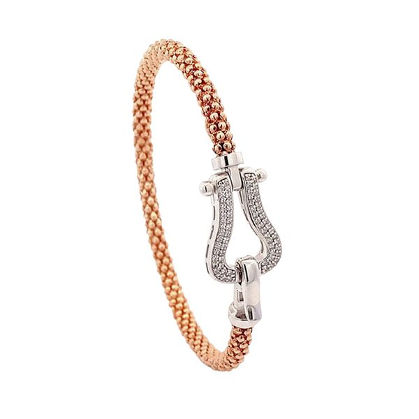 Armreif, Steigbügel,  Himbeer, rosevergoldet, rhodiniert, Zirkoniasteine weiß, 