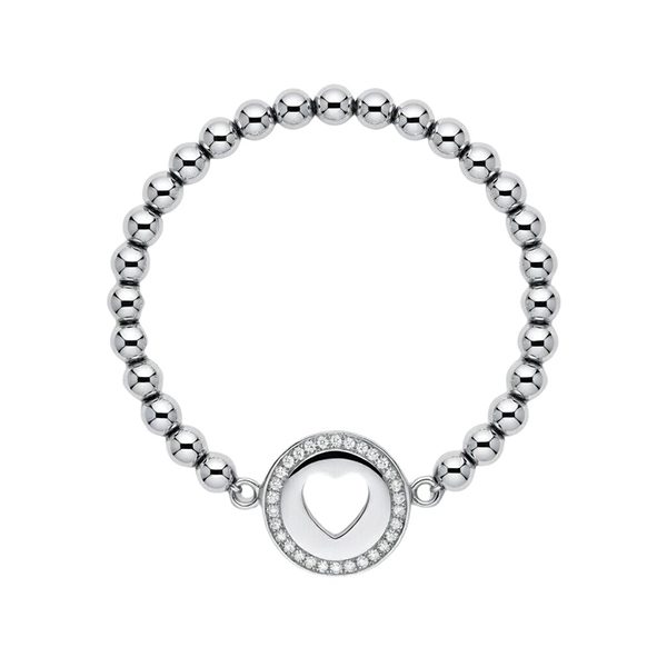 7519D1W Kugelarmband, Silber, Herz, Zirkoniasteine weiß, poliert, rhodiniert