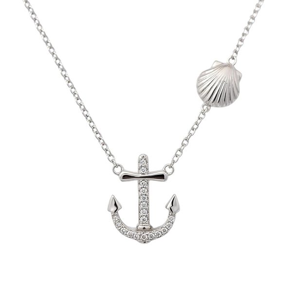 7546AW Collier, Anker, Muschel, Zirkoniasteine weiß, rhodiniert