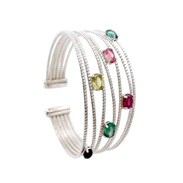 Armreif, Silber rhodiniert, Rillen, Cabochon, bunt, schmaler