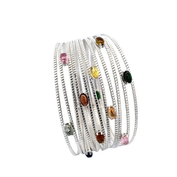 Armreif, Silber rhodiniert, Rillen, Cabochon, bunt, breit 