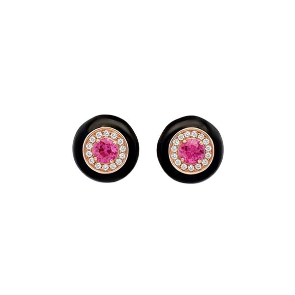 Ohrstecker, rund Zirkoniasteine weiß, pink, Emaille schwarz, Silber rosevergoldet