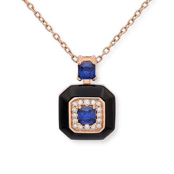 7649AR4 Anhänger, eckig, Silber, rosevergoldet, Zirkoniasteine weiß, Emaille schwarz