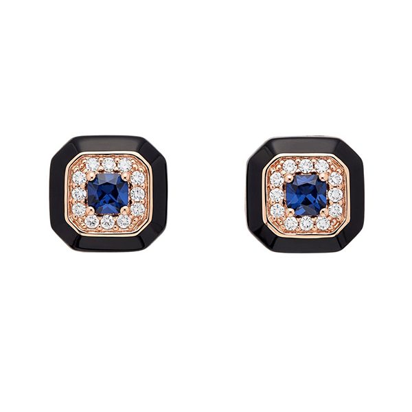 7649BR4 Ohrstecker, eckig, Silber, rosevergoldet, Zirkoniasteine weiß, Emaille schwarz