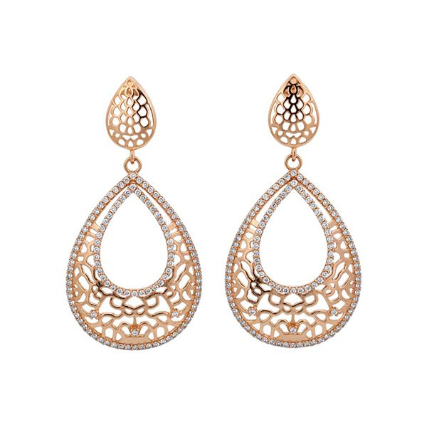 Ohrhänger Tropfenform Ornament ZI weiß, rosevergoldet