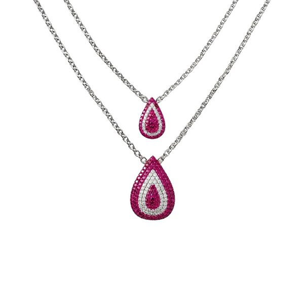 7667AW3 Doppelcollier, Tropfen , Silber, rhodiniert, Zirkoniasteine weiß, pink