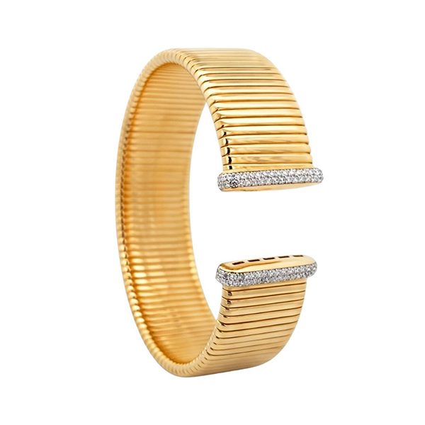 Armreif, Silber gelbvergoldet, Rillen, Zirkoniasteine weiß, offen , breit