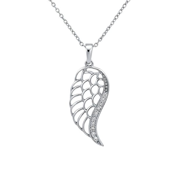 Anhänger, rund, Engelsflügel, Zirkoniasteine weiß, rhodiniert