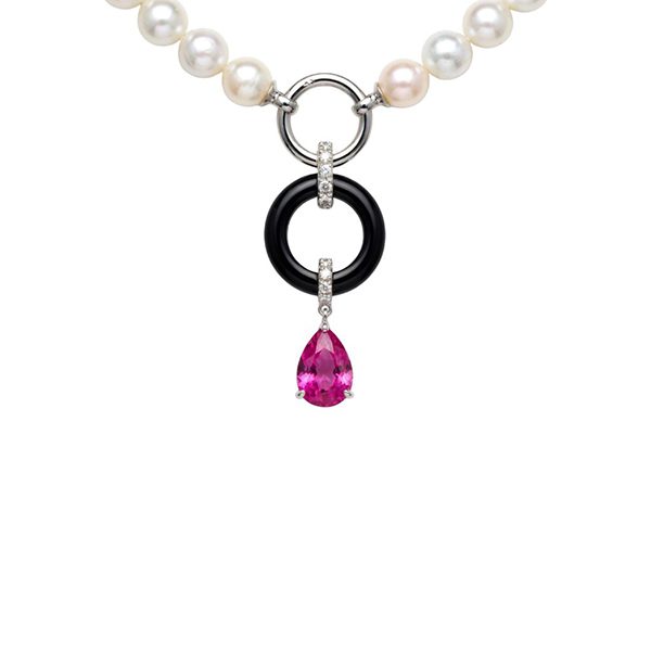 7766AW Collier, Perle, Onyxring, Zirkoniasteine weiß, pink Tropfen