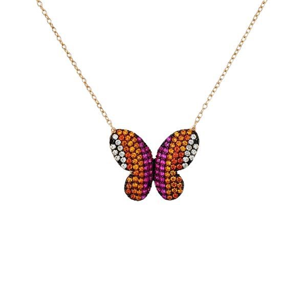 Collier,Schmetterling , Silber, rosevergoldet, Zirkoniasteine, kunterbunt