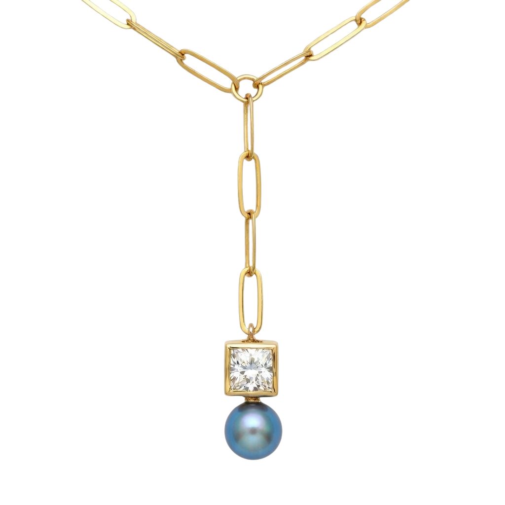 7923AG4 Gliederkette, Silber, gelbvergoldet, eckiger Zirkoniastein weiß, blaue Muschelkernperle