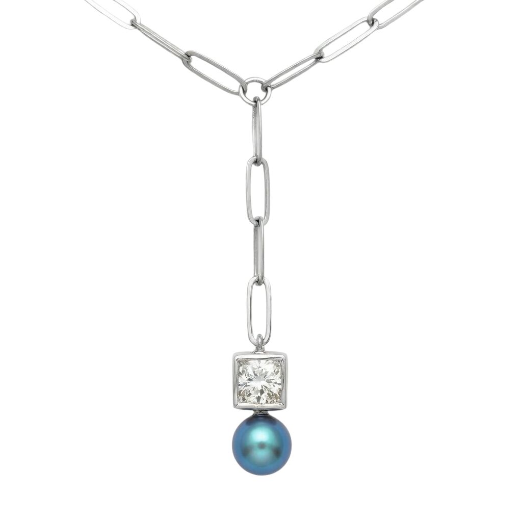 7923AW4 Gliederkette, Silber, rhodiniert, eckiger Zirkoniastein weiß, blaue Muschelkernperle