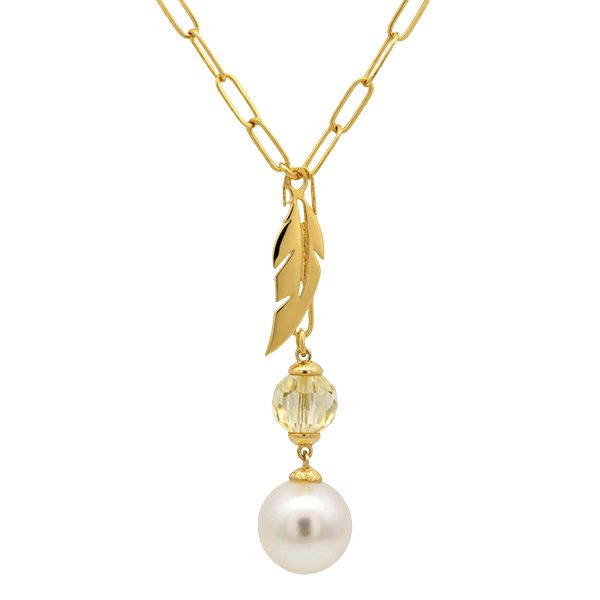 7924AG50 Collier, Gliederkette, diamantiert, facettierter Zirkoniastein gelb, Muschelkernperle, Feder, Silber gelbvergoldet