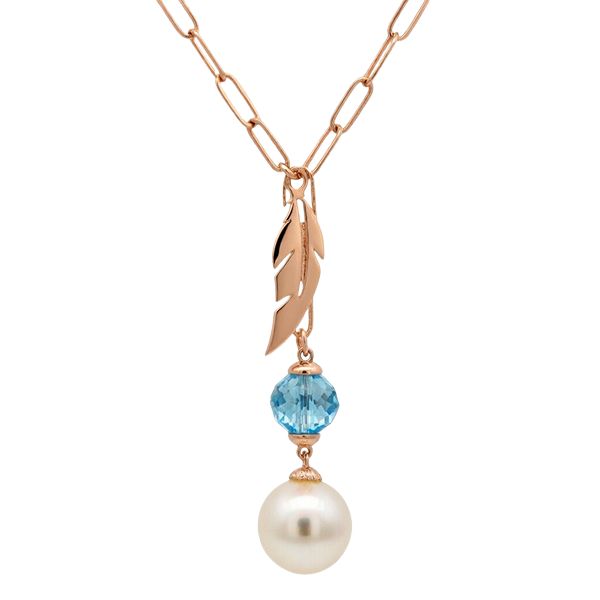 7924AR4 Collier, Gliederkette, diamantiert, facettierter Zirkoniastein blau, Muschelkernperle, Feder , Silber rosevergoldet