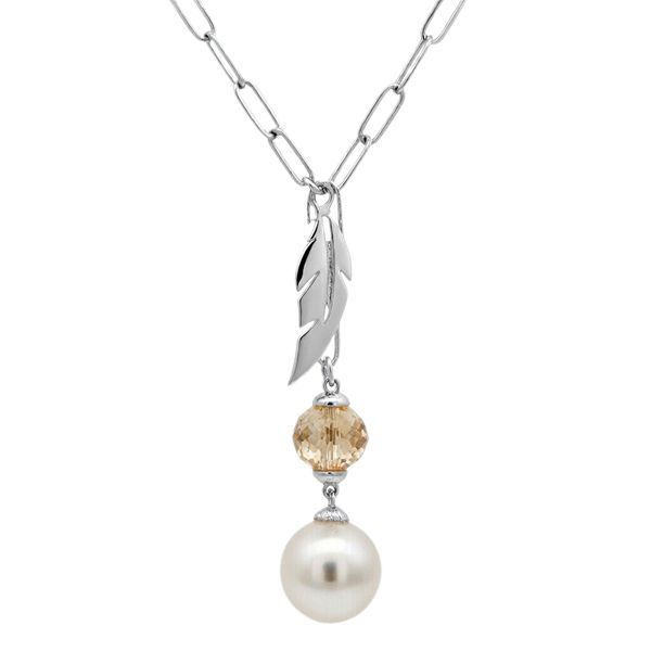 7924AW2 Collier, Gliederkette, diamantiert, facettierter Zirkoniastein champagner, Muschelkernperle, Feder , Silber, rhodiniert