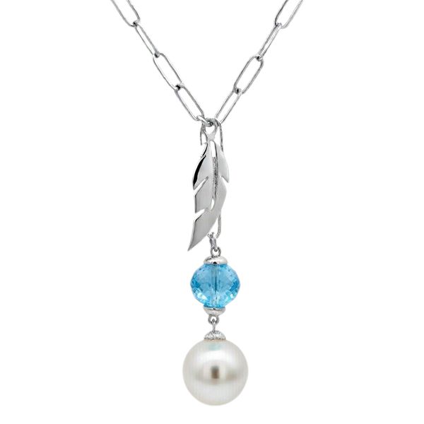7924AW4 Collier, Gliederkette, diamantiert, facettierter Zirkoniastein blau, Muschelkernperle, Feder , Silber, rhodiniert