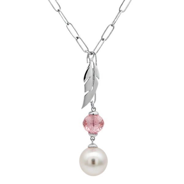 7924Aw3 Collier, Gliederkette, diamantiert, facettierter Zirkoniastein rosa, Muschelkernperle, Feder , Silber, rhodiniert