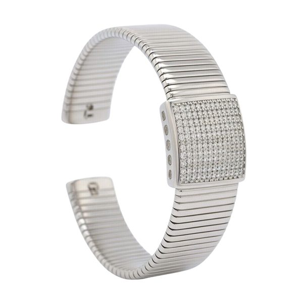 Armreif, Silber, rhodiniert,  Zirkoniasteine weiß, Rillen, offen, breit