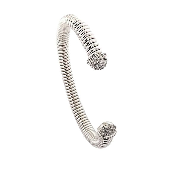 Armreif, Silber, rhodiniert, Zirkoniasteine weiß, Rillen , offen 