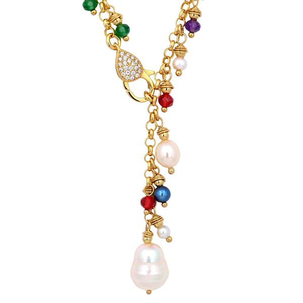 8031AG123 Collier, Silber gelbvergoldet, Erbskette, Zirkoniaeinhänger kunterbunt, Zirkoniabesetzter Karabiner, Süßwasserperle