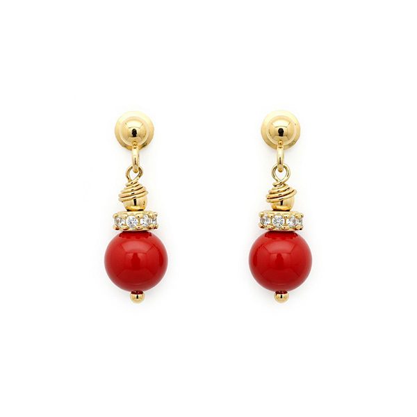 8035BG16 Ohrhänger, Silber gelbvergoldet, Kugel rot, Zirkoniasteine weiß