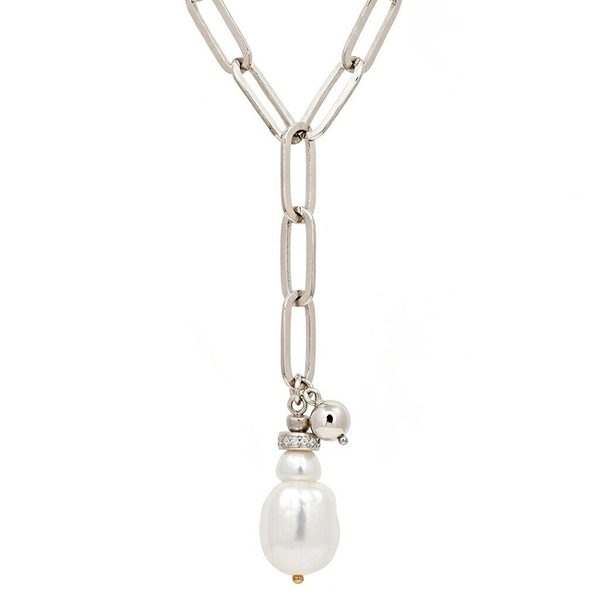 8077AW Collier, Gliederkette, Süßwasserperle, Zirkoniasteine weiß, Silber, rhodiniert