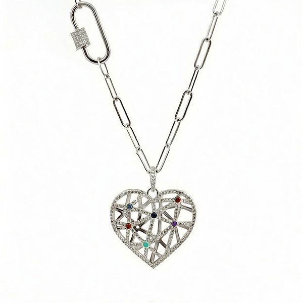 8145AW123 Collier, Gliederkette, Herz, Silber, rhodiniert, Zirkoniasteine kunterbunt