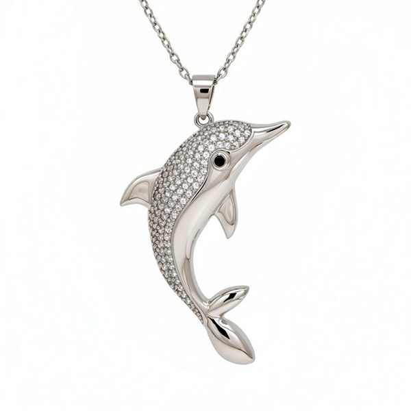 Anhänger Delfin, Silber, rhodiniert, Zirkoniasteine weiß, schwarz