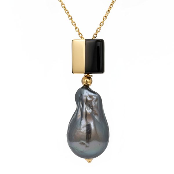 8229A1G7gl Muschelkernperle, Anhänger inkl. Kette, gelbvergoldet, eckig