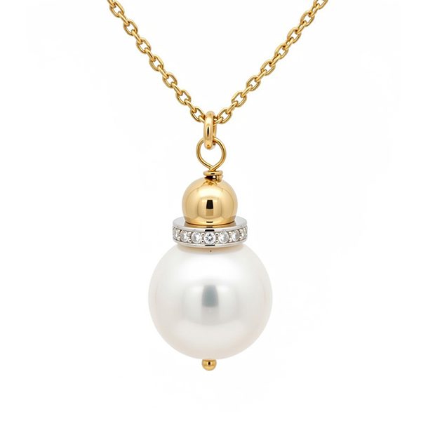 8230AG1gl Collier weiße Muschelkernperle Zirkoniaring polierte Kugel gelbvergoldet