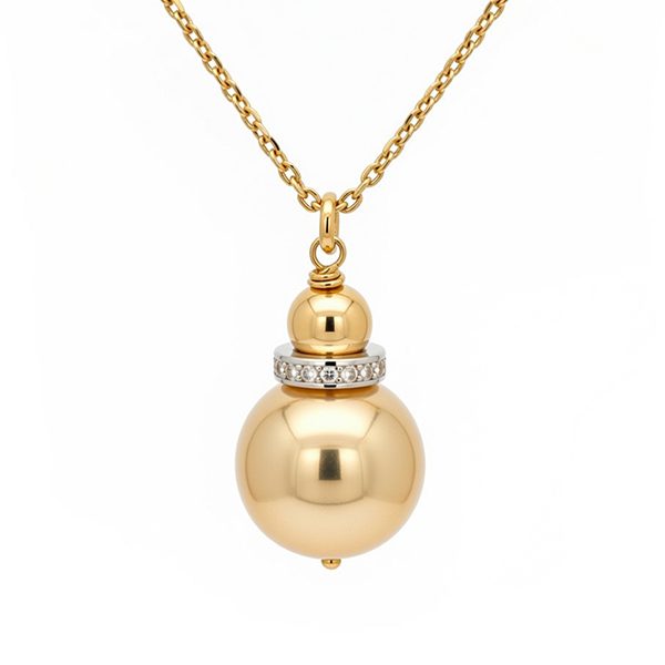 8230AG50gl Collier gelbe Muschelkernperle Zirkoniaring polierte Kugel gelbvergoldet