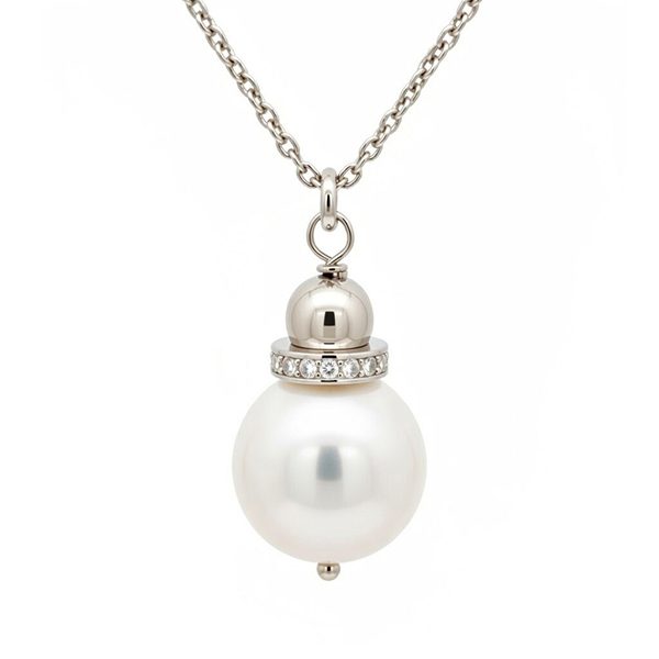 8230AW1gl Collier rhodininiert weiße Muschelkernperle Zirkoniaring polierte Kugel